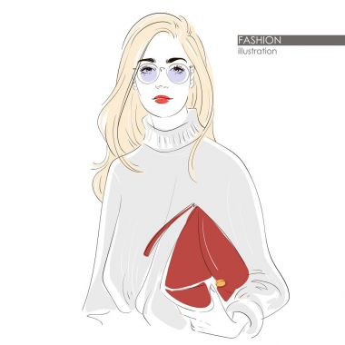 Yuvarlak gözlüklü sarışın uzun saçlı kız. Hippi yarım yamalak tarzı kız şirin moda. Vektör el çizilen illüstrasyon.