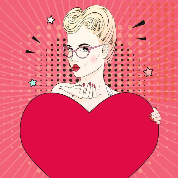 Komické Pop art blond vlasy žena poslat polibek vzduchu v brýlích a drží červené srdce. Vektorové ilustrace. — Stockový vektor