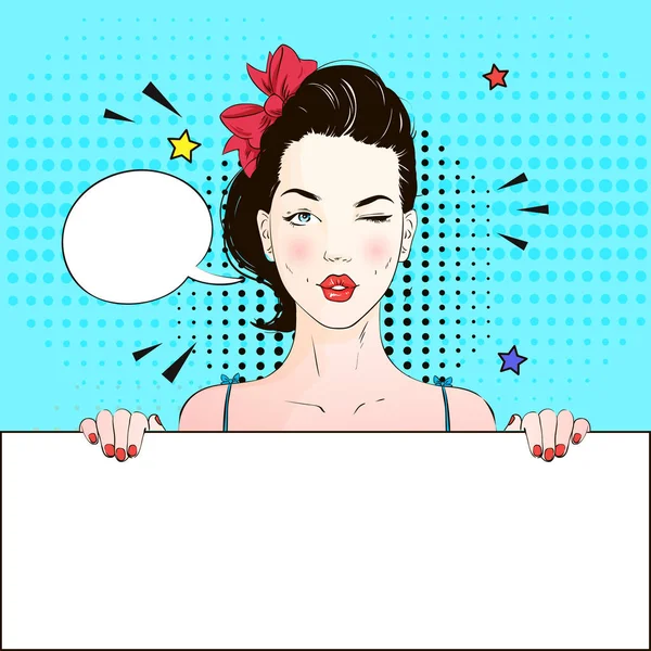 Pop Art Vintage publicidad cartel cómic chica con la burbuja del habla sostiene una pancarta blanca. Ilustración vectorial — Vector de stock