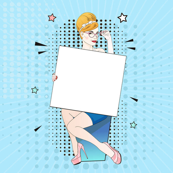 Comic Pop art blonde hair woman in pink labutenes sits and holds a white banner and her glasses. Vector illustration.