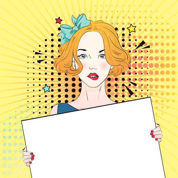 Pop Art Vintage advertising poster comic girl holds a white banner. Vector illustration
