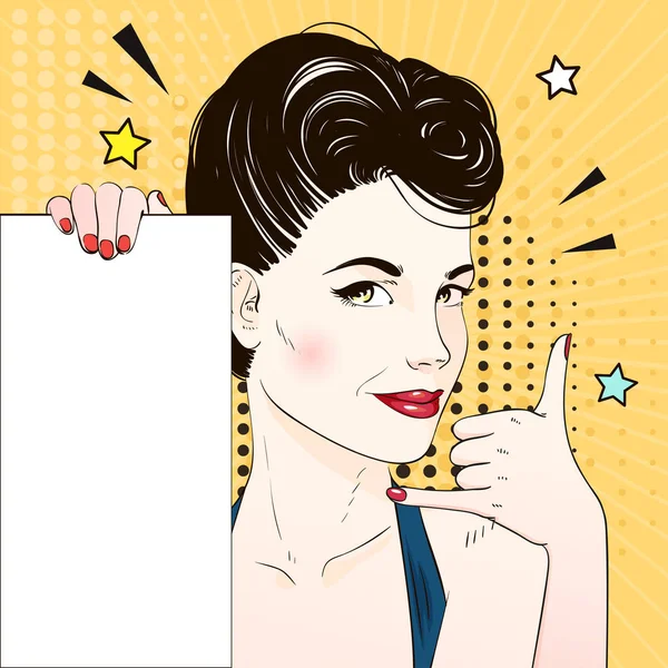 Comic Pop art woman face requests to call and holds white banner. Vector illustration. — Stock Vector