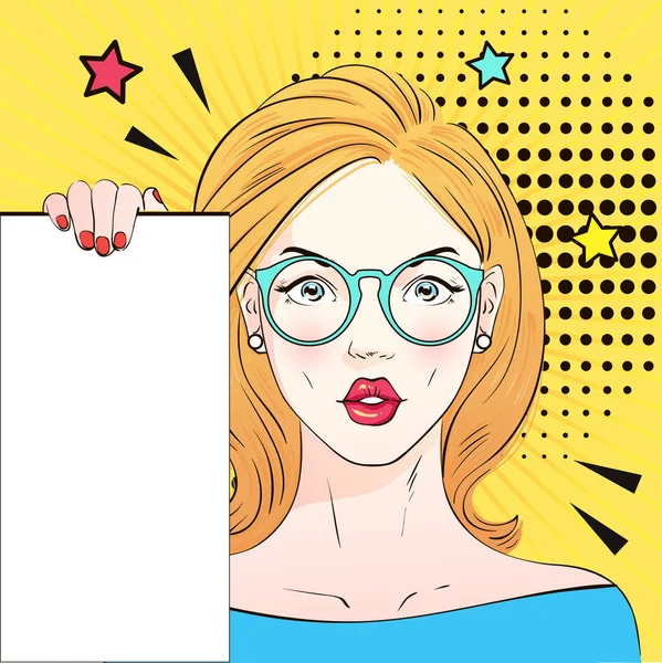Pop Art Vintage yuvarlak gözlük reklam afişi komik kız beyaz bir afiş tutar. Vektör çizim