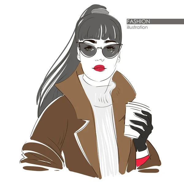 La joven en gafas de sol con café. Hipster linda chica de moda en estilo incompleto. Vector ilustración dibujada a mano . — Vector de stock