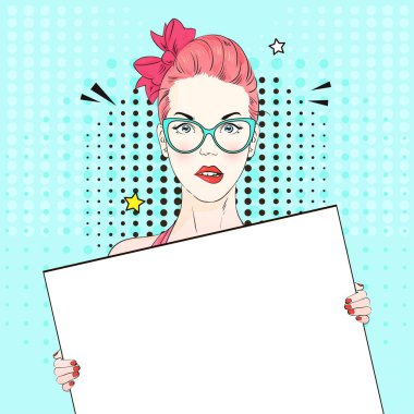 Pop Art Vintage reklam afişi komik pembe saçlı kız mavi kedi-Evet bardaklarda beyaz bir afiş tutar. Vektör çizim