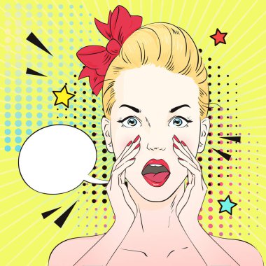 Pop art sürpriz kadın yüzü açık ağız içinde gözlük ile yüksek sesle bir şey hakkında konuşuyor. Vektör çizim.