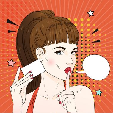 Pop art kadın retro saç modeli ile ziyaret kartta bulunur. Komik kadın konuşma balonu ile. Vektör çizim.