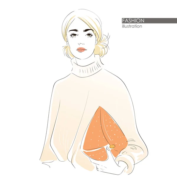 Rapariga com pão sujo. Hipster menina da moda bonito em estilo esboçado. Ilustração desenhada à mão vetorial . —  Vetores de Stock