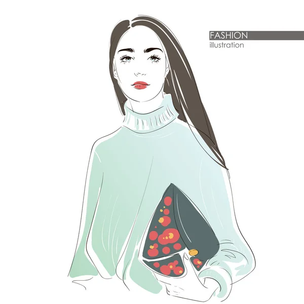 Menina com cabelos longos escuros. Hipster menina da moda bonito em estilo esboçado. Ilustração desenhada à mão vetorial . —  Vetores de Stock