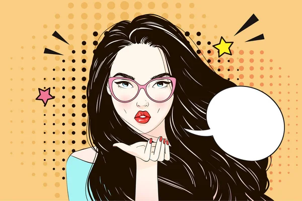 Pop Art Vintage advertising poster comic girl send an air kiss with speech bubble. Pretty girl holds her glasses and look at you vector illustration — Stock Vector