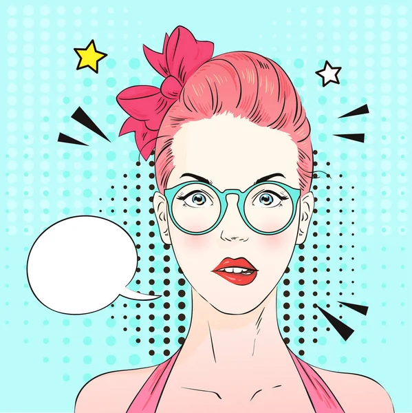 Arte pop mujer sorprendida con el pelo rosa y gafas redondas de color azul pensar en algo. Mujer cómica con burbuja del habla. Ilustración vectorial . — Vector de stock