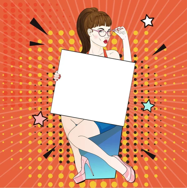 Mujer de arte pop cómico en labutenes beige se sienta y sostiene una pancarta blanca y sus gafas. Ilustración vectorial . — Vector de stock