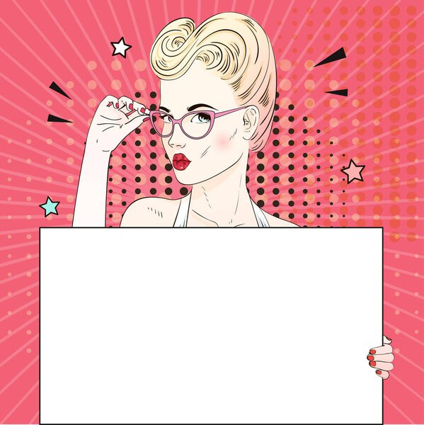 Comic Pop art blonde hair woman face with kiss mouth holds her glasses an white banner. Vector illustration.