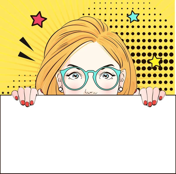 Поп-арт Винтаж реклама плакат комикс девушка в круглых очках держит белый баннер. Векторная иллюстрация — стоковый вектор
