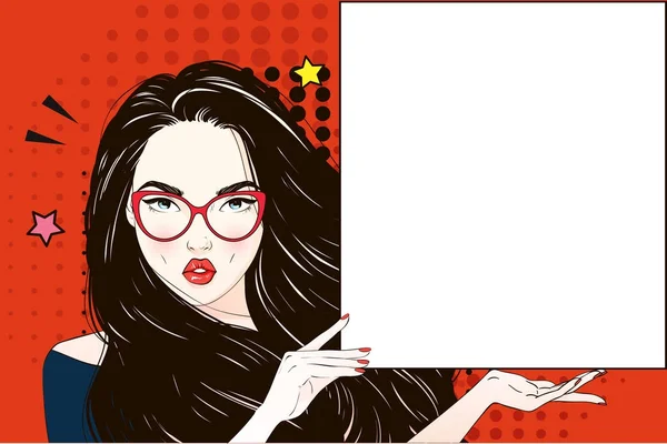 Comic Pop art donna capelli lunghi tiene banner bianco. Illustrazione vettoriale . — Vettoriale Stock