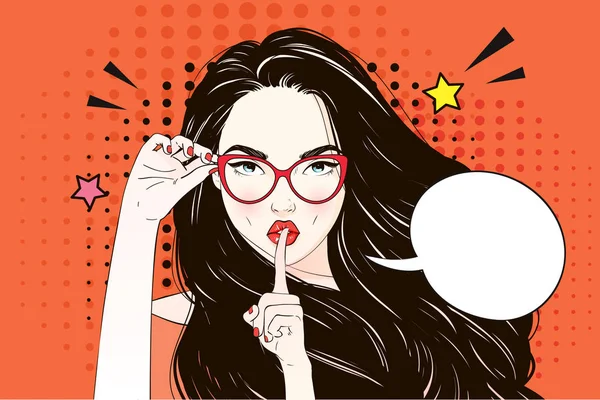 Pop Art Vintage reklam afişi komik kızla konuşma balonu. İllüstrasyon vektör onun gözlük ve sana güzel kız tutar