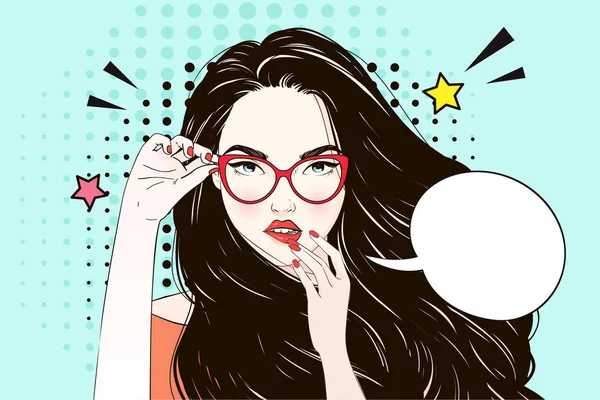 Pop Art Vintage reklam poster komik uzun saçlı kızı konuşma balonu. İllüstrasyon vektör onun gözlük ve sana güzel kız tutar