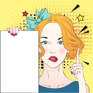Pop Art Vintage reklam afişi sevimli komik kız bir beyaz afiş ve parmak kaldırdı tutar. Vektör çizim