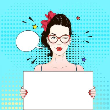 Pop Art Vintage reklam afişi komik kız kedi-Evet Göz kırpmalar gözlük ve beyaz bir afiş tutar. Komik kadın konuşma balonu ile. Vektör çizim
