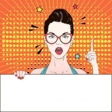 Pop Art Vintage reklam afişi komik kız kedi gözüne gözlük bir beyaz afiş ve parmak kaldırdı tutar. Vektör çizim