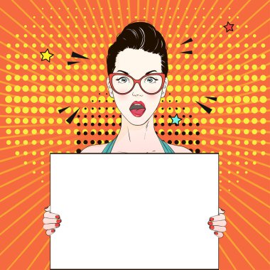 Pop Art Vintage reklam afişi komik kız kedi gözüne gözlük beyaz bir afiş tutar. Vektör çizim