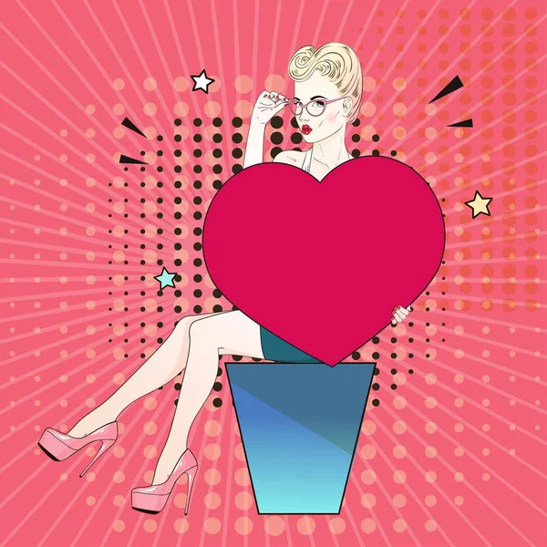 Comic Pop art rubia mujer de pelo en labutenes rosados se sienta y sostiene un corazón rojo y sus gafas. Ilustración vectorial . — Vector de stock