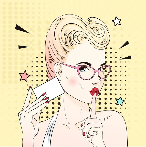 Comic Pop art blonde hair woman face with kiss mouth in glasses calls for silence and holds visit card. Vector illustration. — Stock Vector