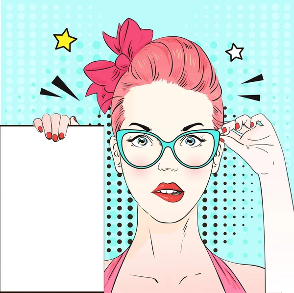 Pop Art Vintage cartel publicitario cómico chica de pelo rosa en gafas de gato-yey azul sostiene una pancarta blanca. Ilustración vectorial — Vector de stock