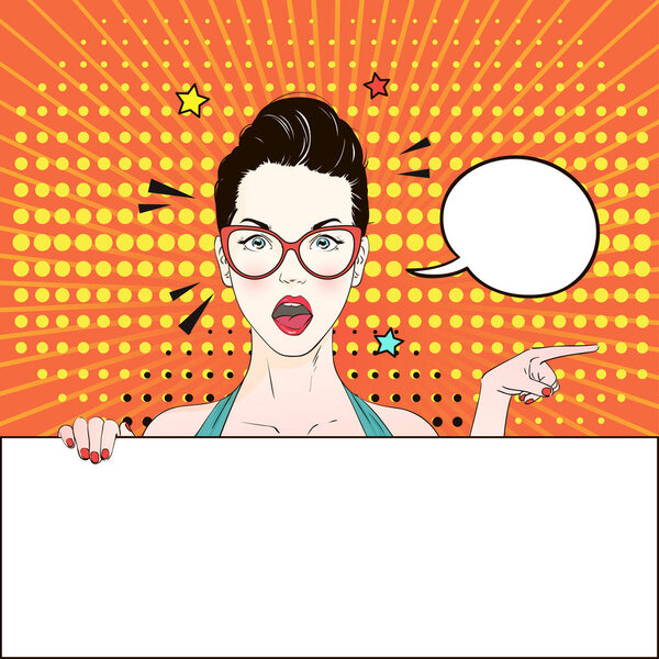 Pop Art Vintage advertising poster comic girl in cat's eye glasses holds a white banner points aside. Comic woman with speech bubble. Vector illustration