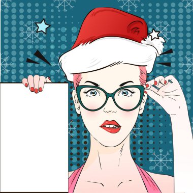 Pop Art Vintage reklam xmas poster komik kız kedi gözüne gözlük ve kırmızı santa şapka beyaz bir afiş tutar. Vektör çizim