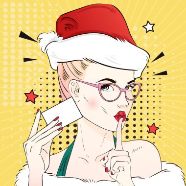 Pop Art Vintage reklam xmas poster komik kız kedi gözüne gözlük ve kırmızı santa şapka ziyaret kartta bulunur. Vektör çizim