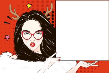 Pop Art Vintage reklam xmas poster komik kız Noel geyik coctume, kedi gözüne gözlük ve beyaz bir afiş tutar. Vektör çizim