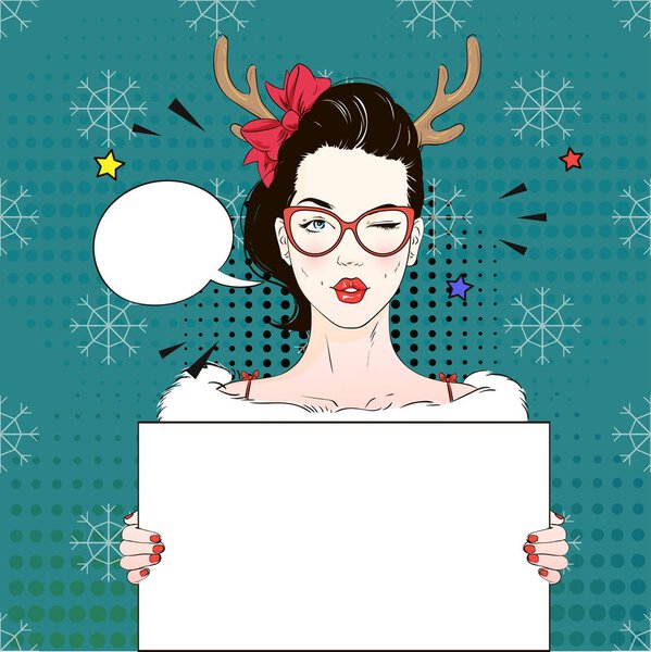 Pop Art Vintage advertising xmas poster comic girl in Christmas deer coctume, cat's eye glasses and holds a white banner. Vector illustration