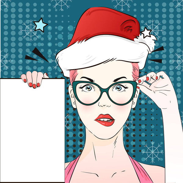 Pop Art Vintage advertising xmas poster comic girl in cat's eye glasses and red santa hat holds a white banner. Vector illustration