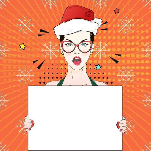 Pop Art Vintage publicidade xmas pôster menina cômica em óculos de olho de gato e chapéu de Papai Noel vermelho detém uma bandeira branca. Ilustração vetorial — Vetor de Stock