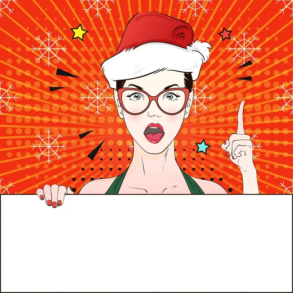 Pop Art Vintage Publicidad Cartel de Navidad chica cómica en gafas de ojo de gato y sombrero de santa roja sostiene una bandera blanca. Ilustración vectorial — Vector de stock