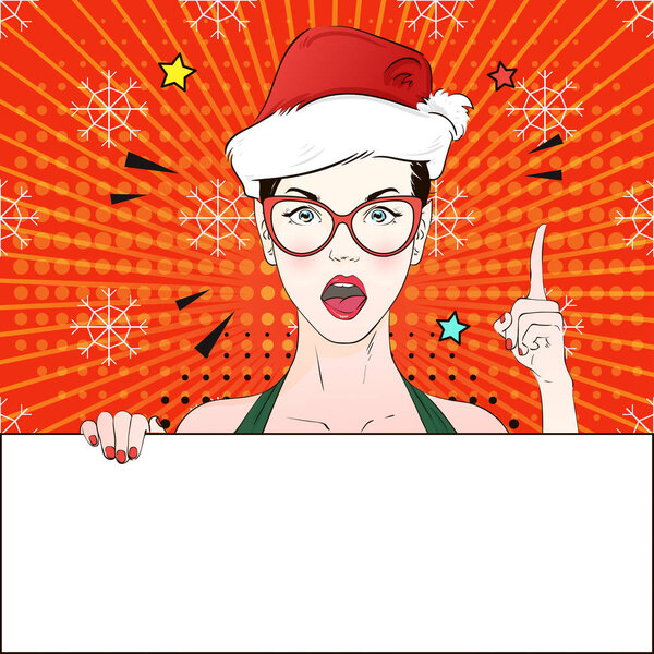 Pop Art Vintage advertising xmas poster comic girl in cat's eye glasses and red santa hat holds a white banner. Vector illustration