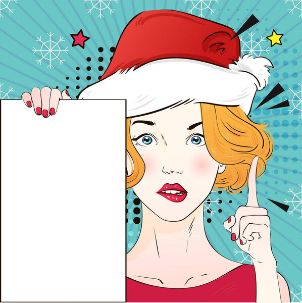 Pop Art Vintage advertising xmas poster comic girl in cat's eye glasses and red santa hat holds a white banner. Vector illustration