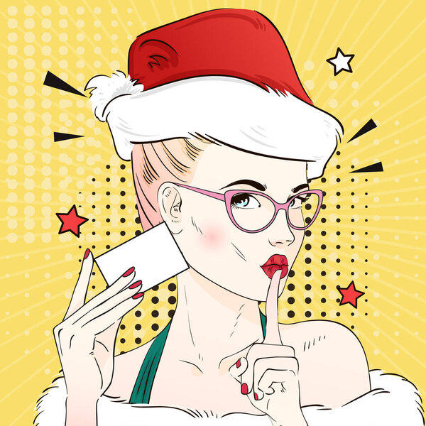 Pop Art Vintage advertising xmas poster comic girl in cat's eye glasses and red santa hat holds a visit card. Vector illustration