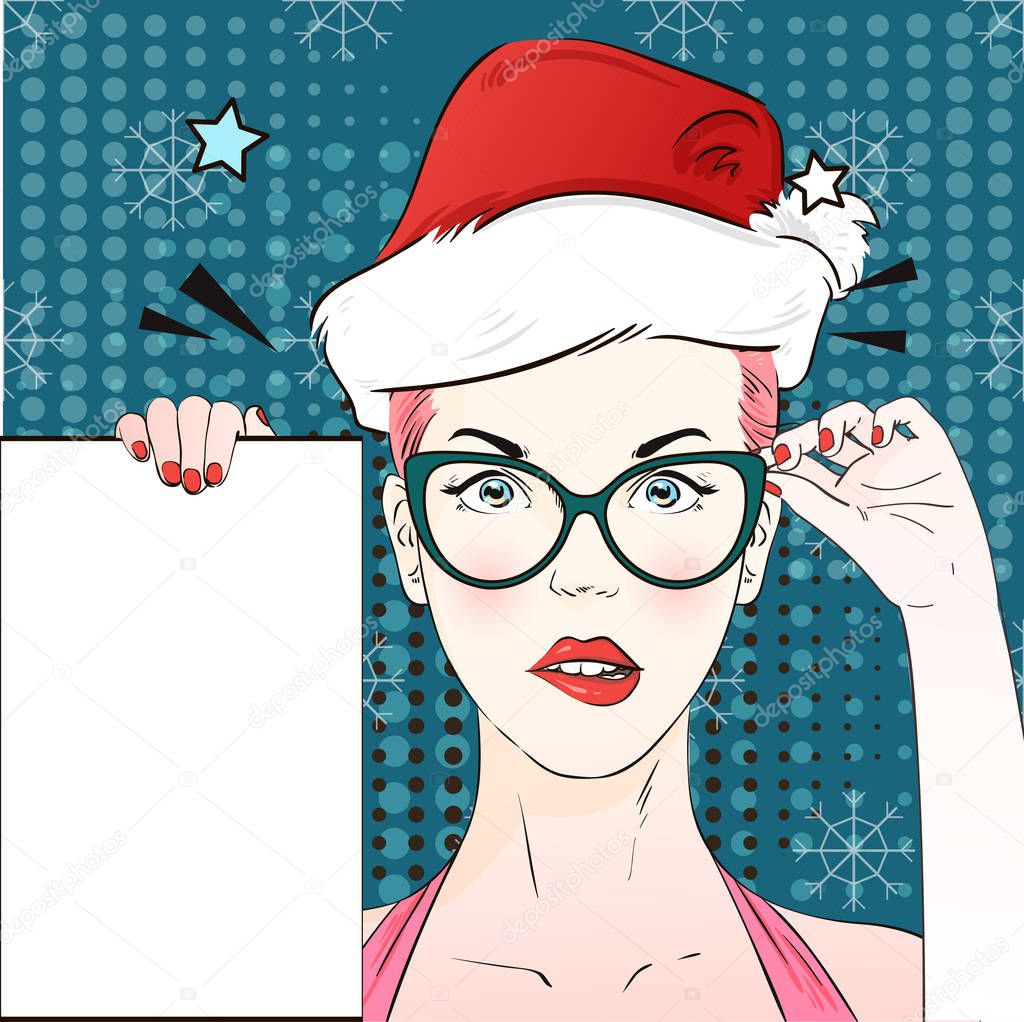Pop Art Vintage advertising xmas poster comic girl in cat's eye glasses and red santa hat holds a white banner. Vector illustration