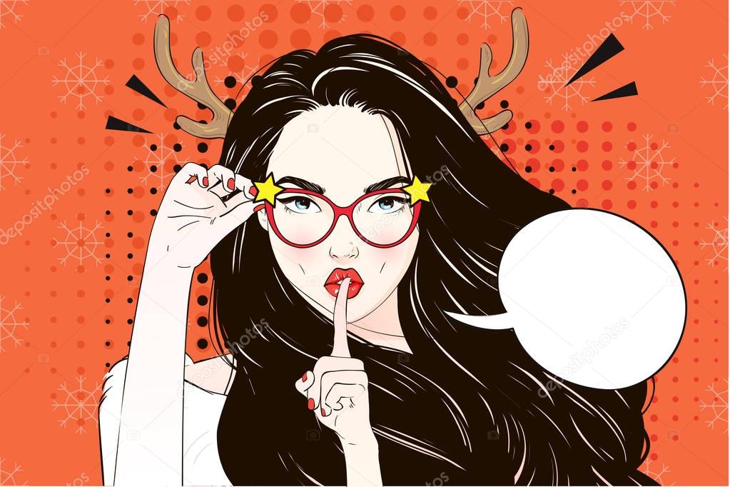 Pop Art Vintage advertising xmas poster comic girl in Christmas deer coctume, cat's eye glasses. Vector illustration