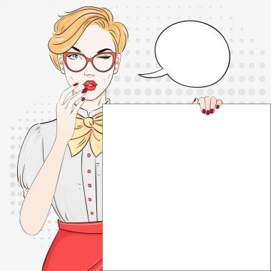 Pembe bluz komik Pop sanat sarı saçlı kadın beyaz afiş tutar. Vektör çizim.