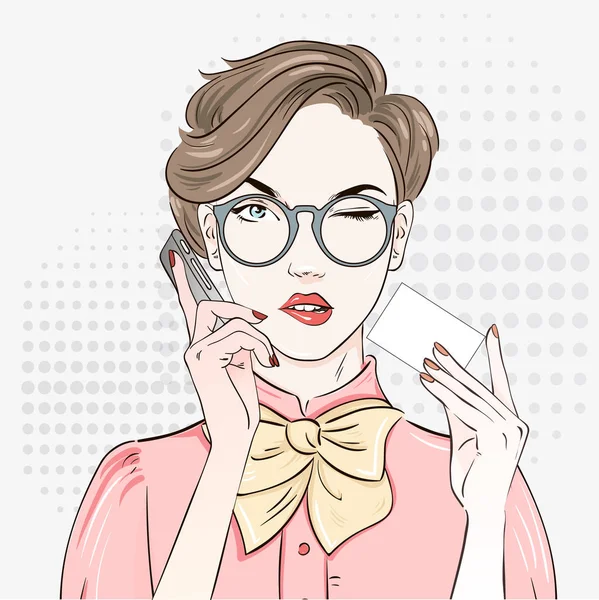 Pop Art Vintage advertising poster comic girl in pink blouse holds a visit card and calls by phone. Comic woman with speech bubble. Vector illustration — Stock Vector