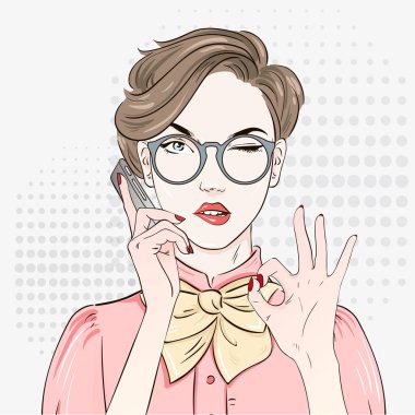 Pop Art Vintage bluz reklam afişi komik kız iyi gösterir ve telefonla arıyor. Komik kadın konuşma balonu ile. Vektör çizim