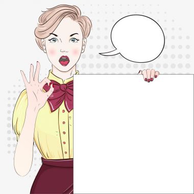 Pop Art Vintage bluz reklam afişi komik kız beyaz bir afiş tutar ve el iyi gösterir. Komik kadın konuşma balonu ile. Vektör çizim