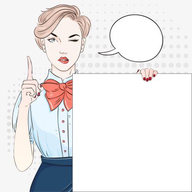 Pembe bluz komik Pop sanat sarı saçlı kadın beyaz afiş tutar. Vektör çizim.