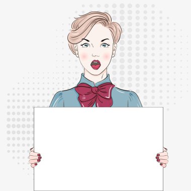 Pop Art Vintage bluz reklam afişi komik kız beyaz bir afiş tutar. Komik kadın vektör çizim.