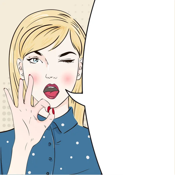 Pop Art Vintage publicidad cartel cómic chica en blusa muestra la mano bien. Mujer cómica con burbuja del habla. Ilustración vectorial — Vector de stock