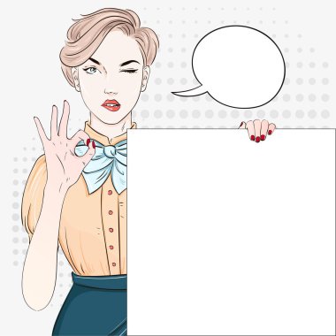 Pop Art Vintage bluz reklam afişi komik kız beyaz bir afiş tutar ve el iyi gösterir. Komik kadın konuşma balonu ile. Vektör çizim
