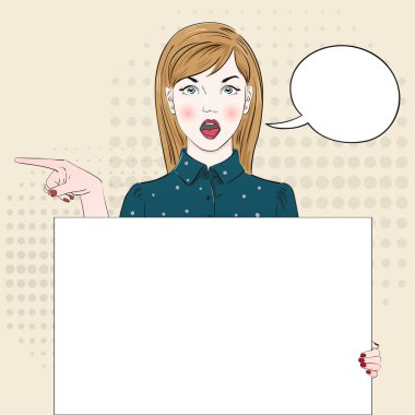 Pop Art Vintage reklam afişi komik kız bir kenara çekiyor. Komik kadın konuşma balonu ile. Vektör çizim